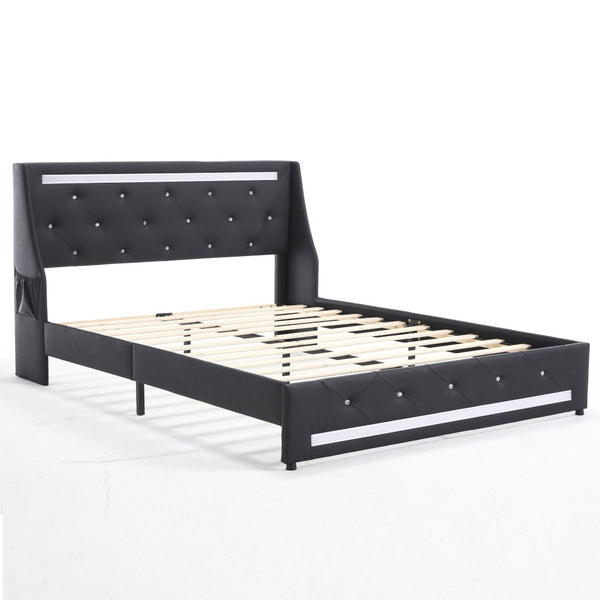 English Elm Queen Platform Bed Wingback Diamond Quilted Headboard Led Lighting Storage Drawers Black W5722P462392