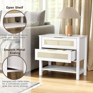 English Elm Rattan Front Boho Coastal Nightstand with Gold Pulls Open Shelf and Woven Drawer Accents White T3210P471548