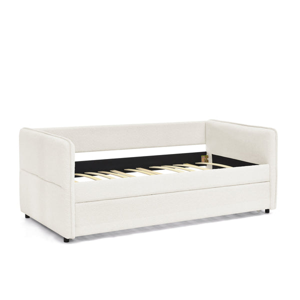 English Elm Daybed With Trundle - Elegant Tufted Sofa Bed In Soft Beige Boucle For Stylish Small Spaces & Guests W1413S00092