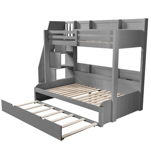 English Elm Twin Over Full Bunk Bed with Stair Drawers Shelves Led Lighting and Usb Port Grey N7090005013E