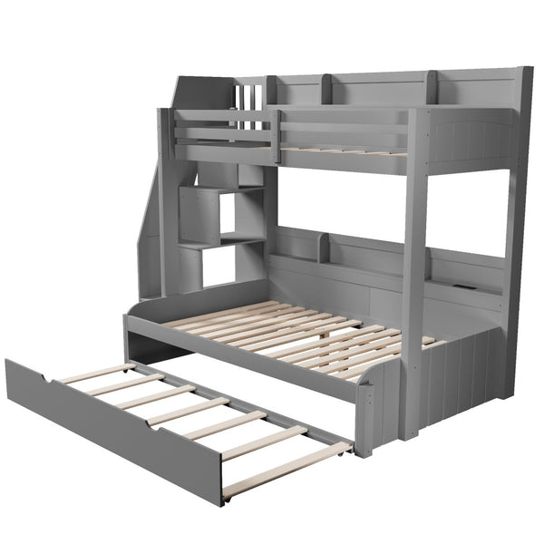 English Elm Twin Over Full Bunk Bed with Stair Drawers Shelves Led Lighting and Usb Port Grey N7090005013E