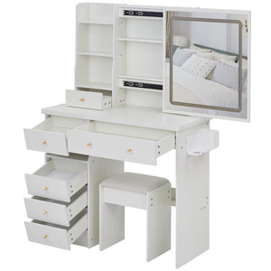 English Elm 37" Vanity Table Set with Led Mirror Stool Built-in Outlets and Hair Dryer Storage White W3258P448842