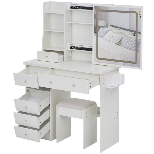 English Elm 37" Vanity Table Set with Led Mirror Stool Built-in Outlets and Hair Dryer Storage White W3258P448842