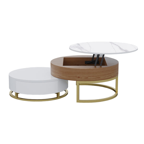 English Elm Dolce Round Lift-Top Wood Coffee Table with Convertible Heights and Sturdy Iron Frame, Modern Chic White B341S00042
