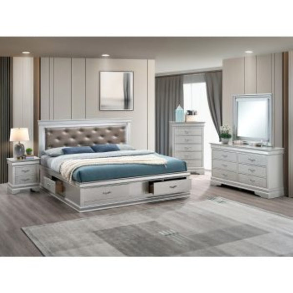 English Elm Lorana King Platform Bed with Led Lighting Tufted Faux Leather Glam Storage Frame Silver B078S00689