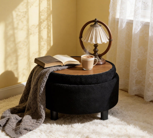 English Elm 25 Inch Round Fabric Pouf Ottoman with Removable Wooden Lid and Hidden Interior Storage Black W5568P461346