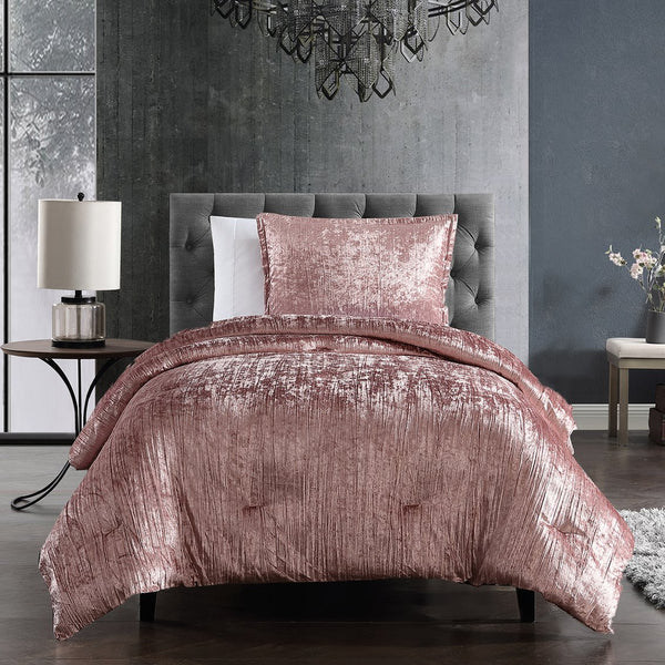 English Elm Turin Crinkle Velvet 2-Piece Comforter Set Twin with Coordinating Sham, Brushed Polyester Backing, Textured Luxury Blush B340P341986