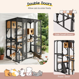 English Elm Outdoor Fir Wood Window Catio Enclosure with Four Climbing Platforms for Cats Black,Brown N719P418377D