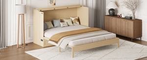 English Elm Queen Murphy Wall Bed with Usb Ports Storage Drawers and Cabinet Style Panel Front Gold N708S00010G