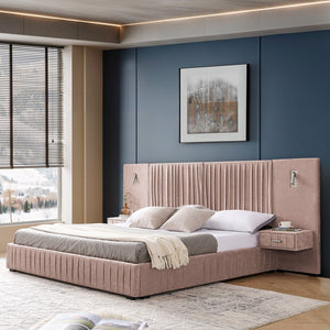 English Elm King Modern Upholstered Platform Bed with Pleated Chenille Headboard, Built‑in Nightstand & Lamp Pink W487S00391