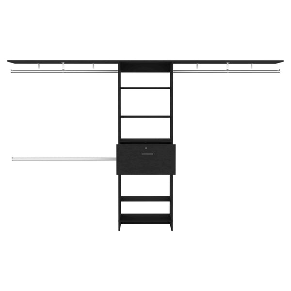English Elm Closet Adjustable Storage System 70–118" W with Three Hanging Rods, Five Shelves & One Drawer, Engineered Wood Black 51 L x 19 W x 5 H B097S00118