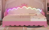 English Elm Twin Extending Daybed With Led Lights, Modern Upholstered Princess Daybed With Crown Headboard,Pink