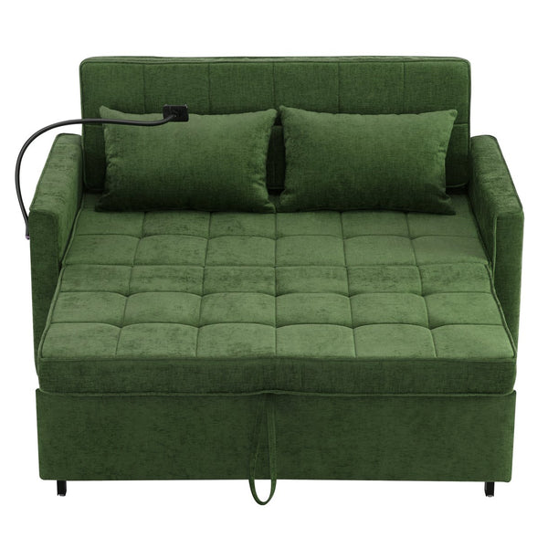 English Elm 56.9" Loveseat Sofa Bed with Chenille Upholstery, USB Ports, Phone Holder, Side Pockets, Reclining Backrest Green N719P208853F