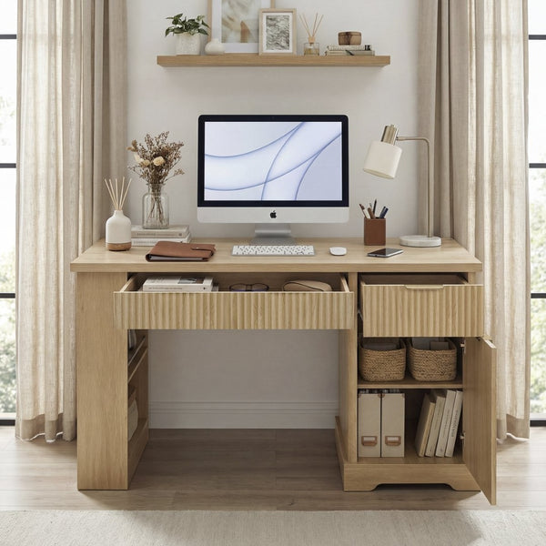 English Elm 55" Fluted White Computer Desk with Power Outlet Pegboard Cabinet and Keyboard Tray W2917P396017