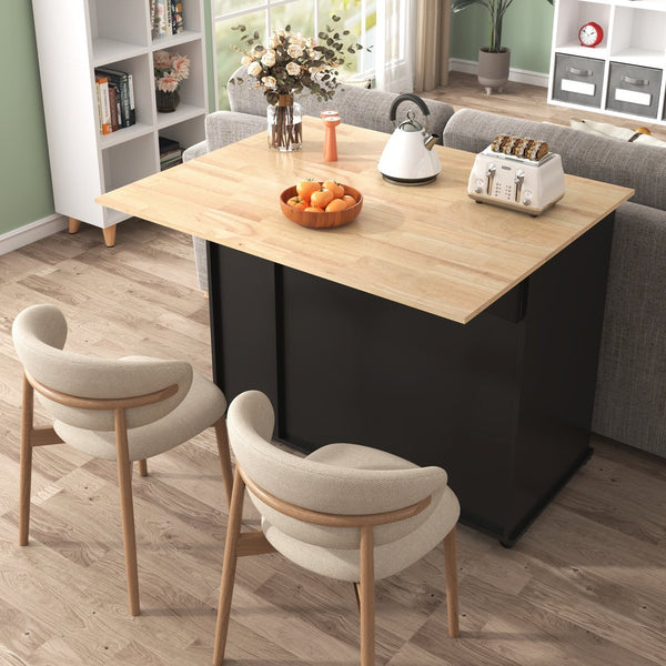 English Elm K&K Kitchen Island with Drop Leaf, Rolling Storage Cart with 3-Tier Pull-Out Organizer, Durable Wood Countertop Black WF531421AAB