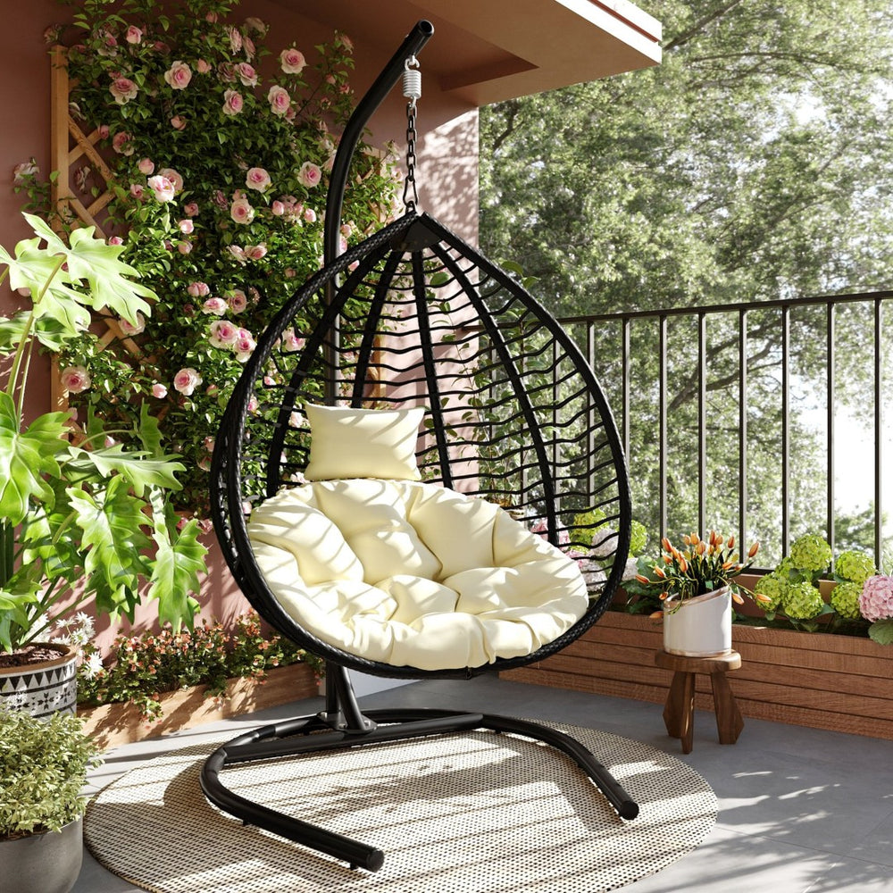 English Elm U_style Wicker Egg Swing Chair with Iron Stand Foldable Hanging Seat for Porch Balcony N711P389502A