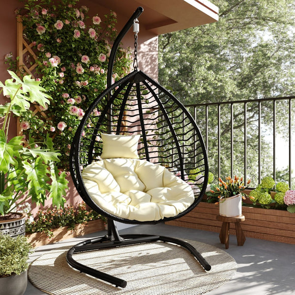 English Elm U_style Wicker Egg Swing Chair with Iron Stand Foldable Hanging Seat for Porch Balcony N711P389502A