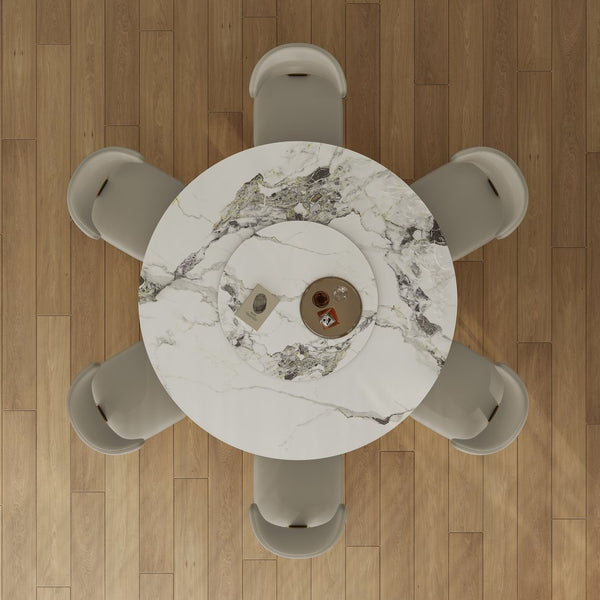 English Elm 59" 59" Round Sintered Stone Dining Table with Gold Hourglass Base, Marble-Look, Scratch & Heat Resistant Golden+White W2700S00048