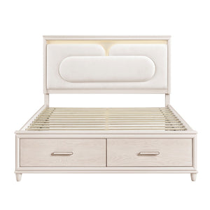 English Elm Modern Queen Platform Bed Chenille Headboard Led Lighting Footboard Storage Drawers B011S02158