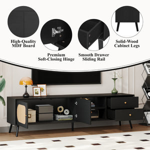 English Elm 70" Mid Century TV Stand with Rattan Doors, 2 Soft-Close Drawers & Open Shelves, Textured Woodgrain Finish, Durable MDF Frame and Solid Wood Legs for Living Room Entertainment (Fits TVs up to 80") N710P295759B