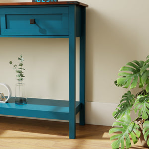 English Elm Farmhouse Pagoda Blue Console Table with 2 Drawers, Bottom Shelf, Anti-Tip Hooks & Rustic Charm W2557P271250