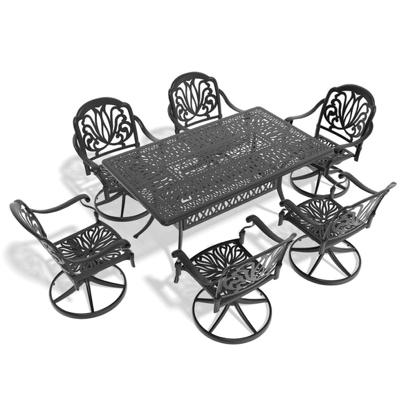 English Elm 7-Piece All-Weather Cast Aluminum Dining Set With Swivel Chairs & Cushions – Perfect For Outdoor Comfort W1710S00280