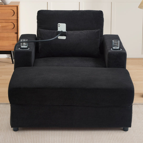 English Elm Modern Multifunctional Armchair with Chaise Lounge, Hidden Ottoman Storage, USB Ports & Cup Holders Black N719P292700B