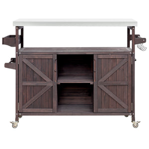 English Elm K&K Outdoor Kitchen Island Rolling Bar Cart with 1.2" Stainless Steel Top, Ample Storage, Wheels and Spice Rack Dark Brown WF532198AAZ