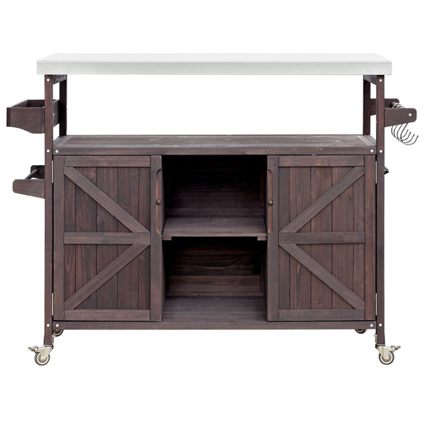 English Elm K&K Outdoor Kitchen Island Rolling Bar Cart with 1.2" Stainless Steel Top, Ample Storage, Wheels and Spice Rack Dark Brown WF532198AAZ