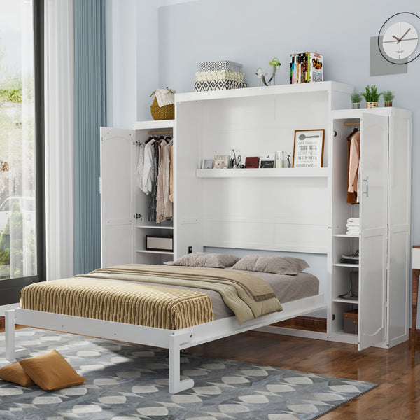 English Elm Full Full Size Murphy Bed with Two Wardrobes and Foldable Platform, Space-Saving Modern Guest Solution White 84.9 L x 12 W x 7 H N733S235596K