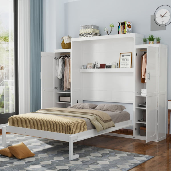 English Elm Full Size Murphy Bed with Dual Wardrobes Pine Mdf Frame for Guest or Bedroom N733S339778K