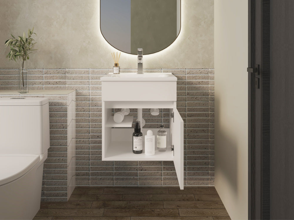 English Elm Newell White Vanity Sink Cabinet with Large Storage & Open Shelves, Engineered Wood, Durable Finish B092P360643