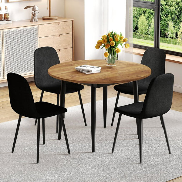 English Elm Table Modern Extendable Dining Set With 4 Black Linen-Cotton Chairs For Stylish Gatherings & Comfort W1151S04141-GIGA