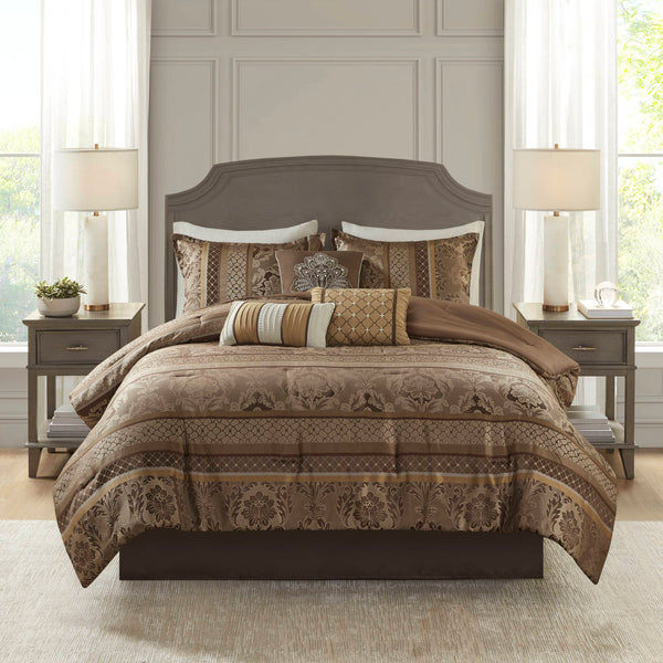 JLA Home Madison Park - 7 Piece Jacquard Comforter Set Layered Luxury with Leaf, Stripe & Ironwork Motifs, 7-Pc Textured Polyester Ensemble MP10-4535