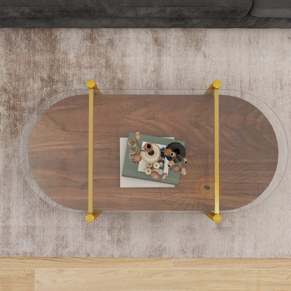 English Elm Oval glass coffee table with tempered top & MDF shelf, tapered legs, rounded edges, modern wood-tone décor storage W1727P356428