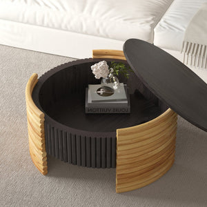English Elm 31.50" Round Flip-top Storage Coffee Table Fluted Mdf Base for Modern Living Rooms Dark Brown W757P383549