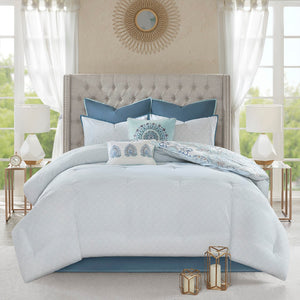 English Elm 8 Madison Park Isla Cotton Reversible Floral Comforter Set Queen OEKO-TEX Botanical Watercolor Medallion Blue 22.05 L x 20.87 W x 14.17 H B03597067