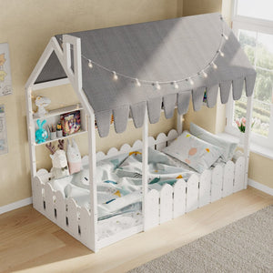 English Elm {slats Are Not Included} Twin Montessori House Floor Bed Kids Tent Lights Shelves Pinewood Frame White N708P407962K