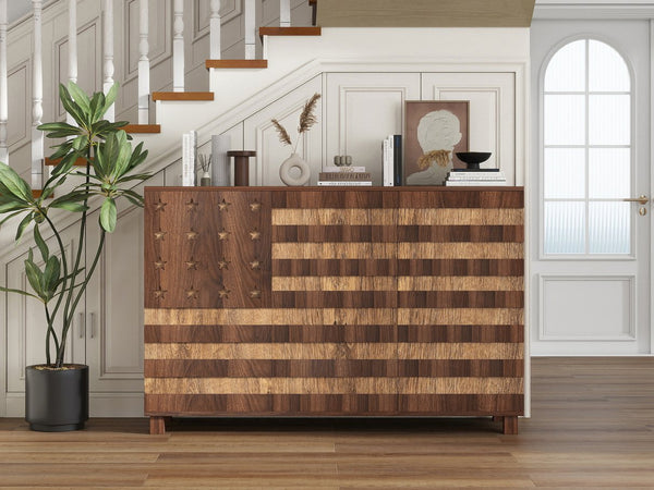 English Elm 55" Walnut Buffet Sideboard Cabinet with Hand-Carved Detail, 2 Drawers, 3 Doors, Adjustable Shelves, Anti-Tip Safety W2977P294024