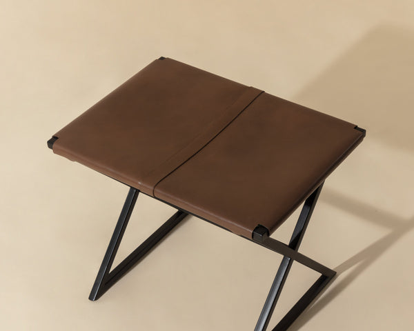 Sunpan Elon Stool - Vintage Cognac Leather Bench with Matte Black Powder Coated Base, Unique Craftsmanship