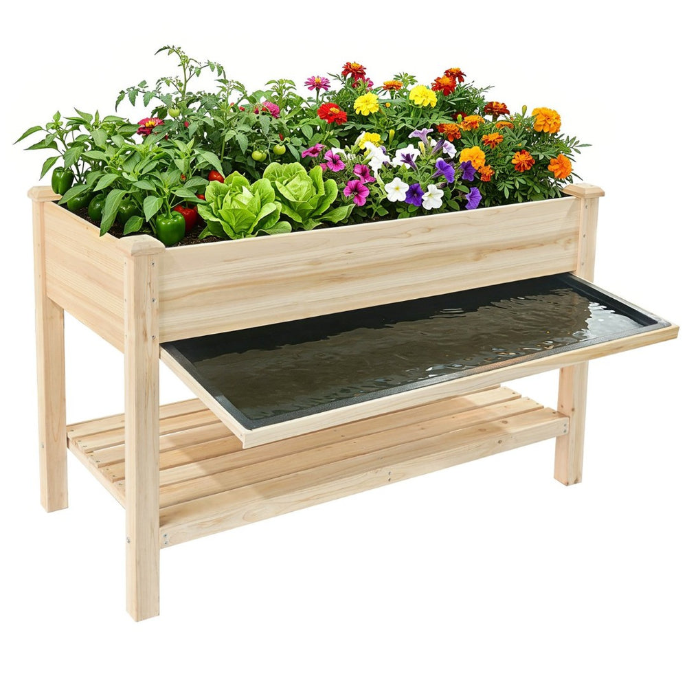 English Elm Raised Wood Planter Bed Counter Height Ergonomic Design with Drainage Tray and Tool Shelf W3166P444935