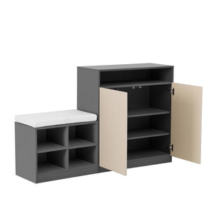 English Elm U_style Entryway Console Set with Wavy Doors Cushioned Bench and Adjustable Shoe Storage N711P345166M