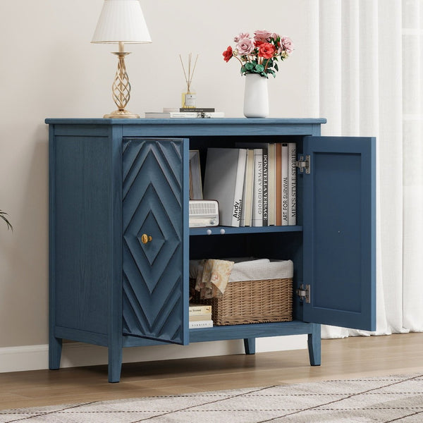 English Elm Geometric Diamond Embossed Sideboard Cabinet Matte Vintage Mdf Entryway Storage Blue W688P364739