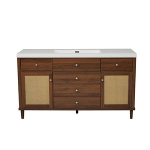 English Elm 60" Boutique Bathroom Vanity Rattan Doors Soft Close Drawers Smc Sink Pine Legs Brown N817P397678B