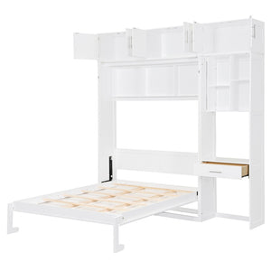 English Elm Full Size Murphy Wall Bed with Fold Away Desk Cabinet and Shelves for Small Spaces N708S00020K-1
