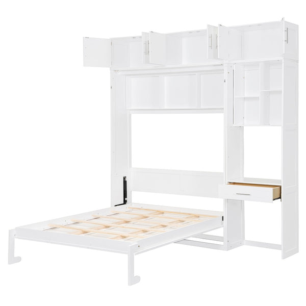 English Elm Full Size Murphy Wall Bed with Fold Away Desk Cabinet and Shelves for Small Spaces N708S00020K-1
