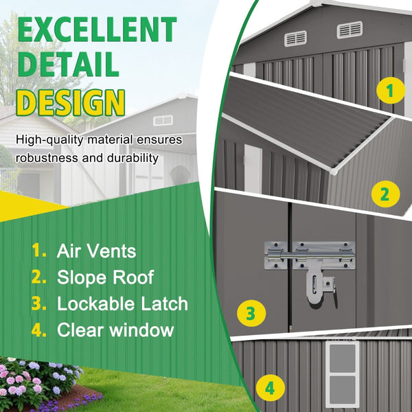 English Elm 10x12ft Galvanized Steel Outdoor Storage Shed with Vented Windows and Lockable Doors W3213S00002
