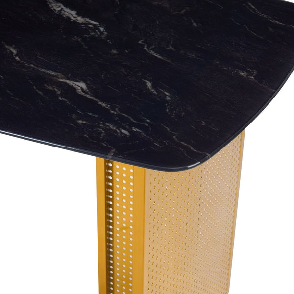 English Elm Modern-style Marble Glass Dining Table Seats Six with Sleek Black Metal Legs W5123P397514