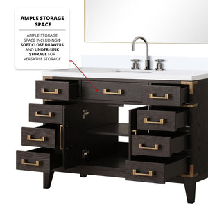 English Elm Brown Oak Single Bath Vanity 48" W x 22" D with Polished White Quartz Top, Chrome Faucet & 46" Mirror B2731S02015