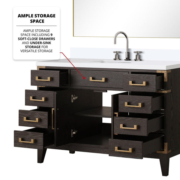 English Elm Brown Oak Single Bath Vanity 48" W x 22" D with Polished White Quartz Top, Chrome Faucet & 46" Mirror B2731S02015